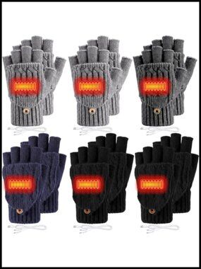 USB Heated Fingerless Gloves 6 Pairs Men Women Winter Warm Convertible Mitten